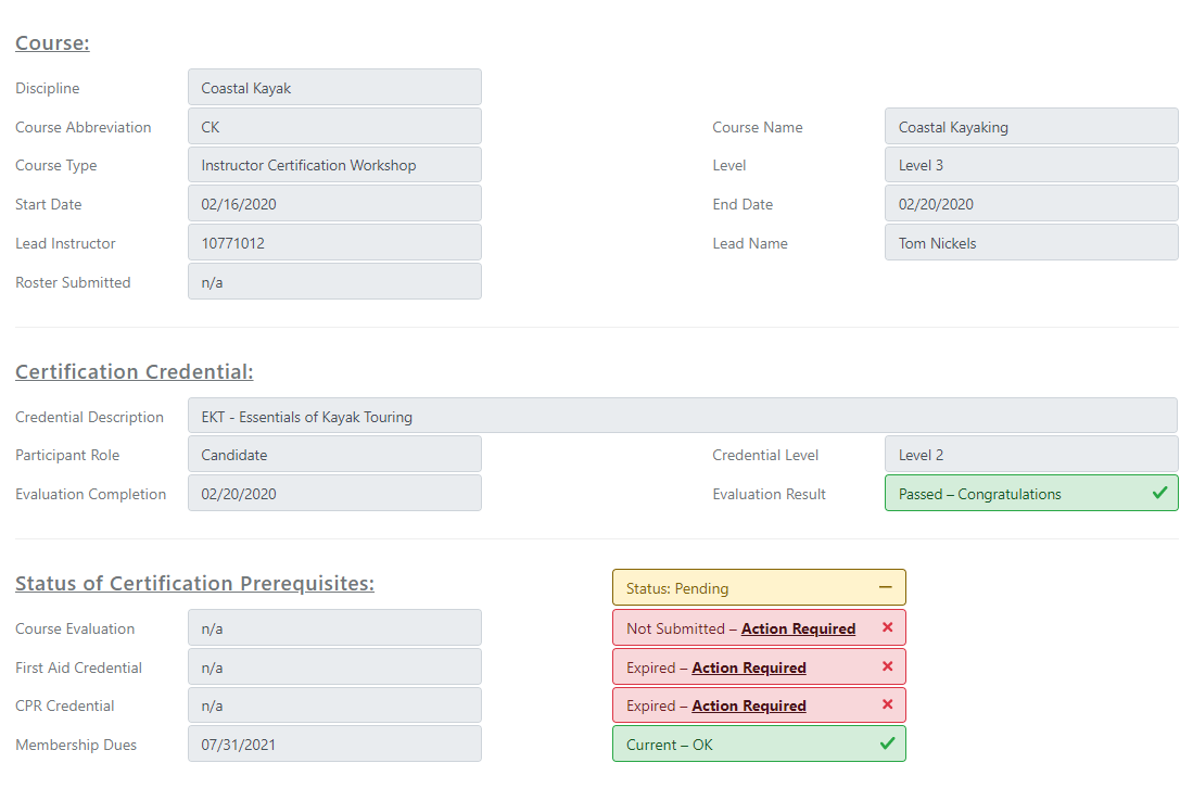 Sample ACA CMS screen showing a passed assessment and credential status